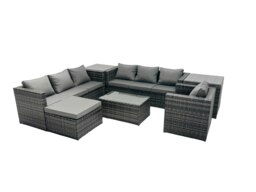 Rackhams Rattan Garden Furniture Dining Set 8 seater Patio Coffee Table Sofa Set with Big Stool 2 Side Tables Dark Grey Mixed - thumbnail 1