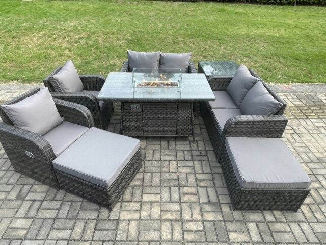 Rackhams 8 Seater Rattan Garden Furniture Set Outdoor Propane Gas Fire Pit Table and Sofa Chair set with Side Table 2 Big Footstool - image 1