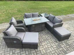 Rackhams 8 Seater Rattan Garden Furniture Set Outdoor Propane Gas Fire Pit Table and Sofa Chair set with Side Table 2 Big Footstool - thumbnail 2