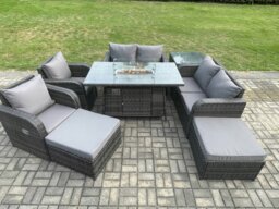 Rackhams 8 Seater Rattan Garden Furniture Set Outdoor Propane Gas Fire Pit Table and Sofa Chair set with Side Table 2 Big Footstool - thumbnail 1