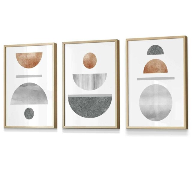 Rackhams Copper and Grey Abstract Mid Century Geometric Set of 3 Framed Wall Art - 30x42cm (A3) - Oak