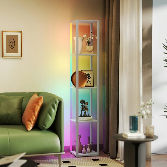 Rackhams RGB LED Floor Lamp with Shelves and Remote Control for Bedroom, Oak - Grey - image 1