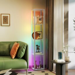 Rackhams RGB LED Floor Lamp with Shelves and Remote Control for Bedroom, Oak - Grey - thumbnail 1