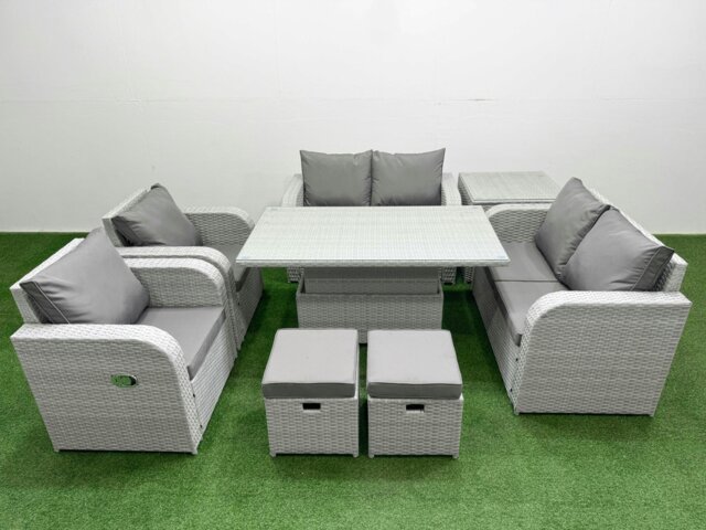 Rackhams 8 Seater Rattan Garden Furniture Set - Light Grey with Reclining Chair, Loveseat & Adjustable Lifting Dining/Coffee Table & 2 Stools - image 1