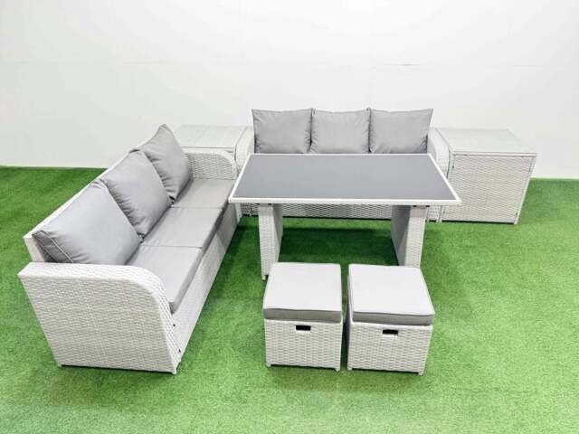 Rackhams 8 Seater Rattan Outdoor Dining Table 3 Seater Sofa Set with 2 Side Tables 2 Small Stools Light Grey - image 1