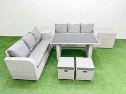 Rackhams 8 Seater Rattan Outdoor Dining Table 3 Seater Sofa Set with 2 Side Tables 2 Small Stools Light Grey
