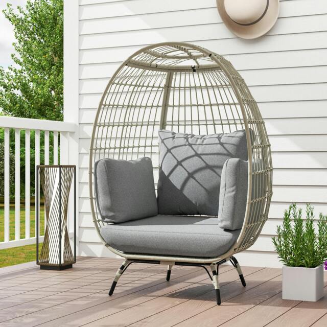 Rackhams PE Rattan Egg Chair w/ Padded Cushions for Garden, Charcoal Grey - Charcoal Grey - image 1