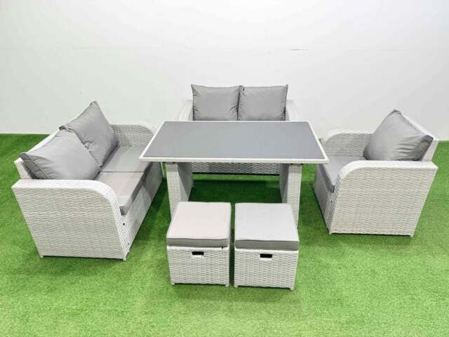 Rackhams Rattan Sofa Outdoor Furniture with Dining Table,Love Sofa,2 Small Stools Patio Furniture Light Grey 7 Seater - image 1