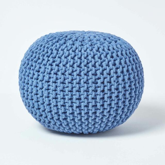 Rackhams Round Cotton Knitted Pouffe Footstool Bean Filled Hand Knitted - Blue - image 1