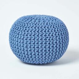 Rackhams Round Cotton Knitted Pouffe Footstool Bean Filled Hand Knitted - Blue