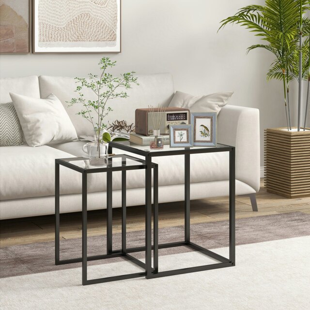 Rackhams Nesting Tables Set of 2, End Table with Tempered Glass Top, Black - Black - image 1