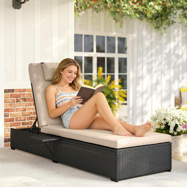 Rackhams Rattan Sun Lounger, Garden Recliner w/ 5-Level Back, Cushion, Black - 196 x 62 x 35 cm - 1 - Galvanised steel, PE rattan, polyester - image 1