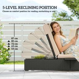 Rackhams Rattan Sun Lounger, Garden Recliner w/ 5-Level Back, Cushion, Black - 196 x 62 x 35 cm - 1 - Galvanised steel, PE rattan, polyester - thumbnail 4