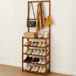 Rackhams Wooden Clothes Rack With 12 Hooks & 5 Tier Shoe Storage - Brown - Brown - Bamboo - thumbnail 4
