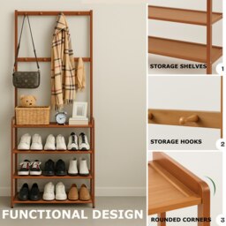Rackhams Wooden Clothes Rack With 12 Hooks & 5 Tier Shoe Storage - Brown - Brown - Bamboo - thumbnail 6