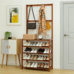 Rackhams Wooden Clothes Rack With 12 Hooks & 5 Tier Shoe Storage - Brown - Brown - Bamboo
