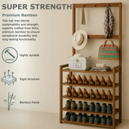 Rackhams Wooden Clothes Rack With 12 Hooks & 5 Tier Shoe Storage - Brown - Brown - Bamboo - thumbnail 5