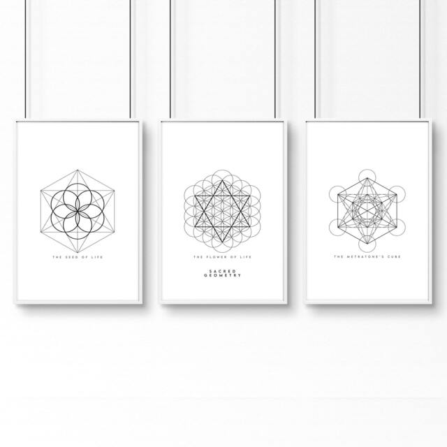 Rackhams Canvas Pictures For Living Room - Set of 3 Sacred Geometry Wall art Prints - A4 8.27 x 11.69 in / 21 x 29.7 cm - Satin Photo paper 280 gsm - White Frame - image 1