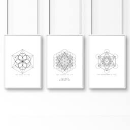 Rackhams Canvas Pictures For Living Room - Set of 3 Sacred Geometry Wall art Prints - A4 8.27 x 11.69 in / 21 x 29.7 cm - Satin Photo paper 280 gsm - White Frame