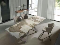 Rackhams Rectangular extending dining table in porcelain marble and taupe grey steel 1117