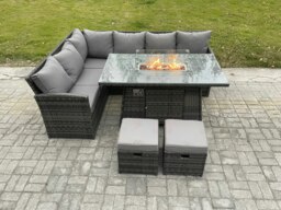 Rackhams Rattan Garden Furniture High Back Corner Sofa Gas Fire Pit Dining Table Sets Gas Heater with 2 Small Footstools 8 Seater Dark Grey Mixed - thumbnail 2