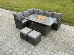 Rackhams Rattan Garden Furniture High Back Corner Sofa Gas Fire Pit Dining Table Sets Gas Heater with 2 Small Footstools 8 Seater Dark Grey Mixed - thumbnail 1