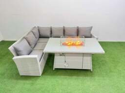 Rackhams 6 Seat Rattan Garden Furniture Corner Sofa Set Outdoor Gas Fire Pit Table Sets Light Grey