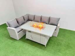 Rackhams 6 Seat Rattan Garden Furniture Corner Sofa Set Outdoor Gas Fire Pit Table Sets Light Grey - thumbnail 2