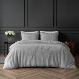 Rackhams Teddy Long Pile Faux Fur Duvet Cover with Pillowcases - Silver - Super King (220cm x 260cm) - thumbnail 1