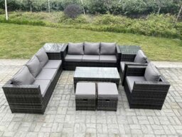 Rackhams Outdoor Rattan Garden Furniture Lounge Sofa Set With Oblong Rectagular Coffee Table 2 PC Arm Chair 2 Side Coffee Table 2 Stools - thumbnail 2
