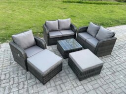 Rackhams 7-Seater High Back Rattan Garden Furniture Set - Dark Grey Mixed Indoor/Outdoor Patio Lounge Sofa with Square Coffee Table & 2 Big Footstools - thumbnail 1