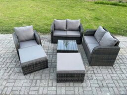 Rackhams 7-Seater High Back Rattan Garden Furniture Set - Dark Grey Mixed Indoor/Outdoor Patio Lounge Sofa with Square Coffee Table & 2 Big Footstools - thumbnail 2