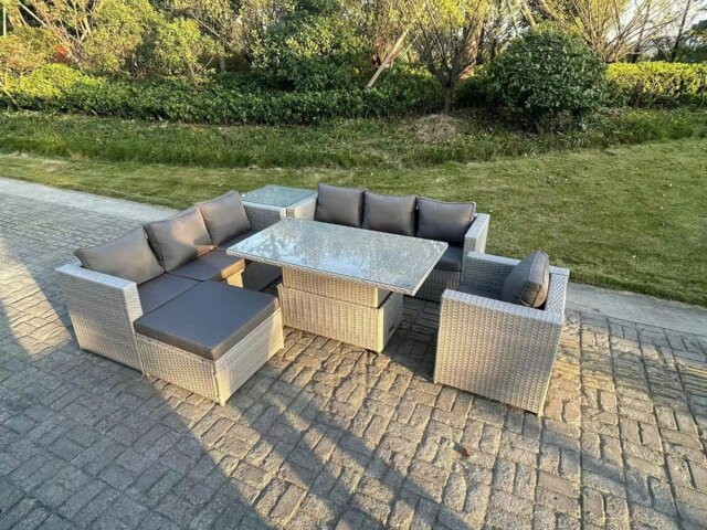 Rackhams Rattan Garden Funiture Set Adjustable Rising Lifting Table Sofa Dining Set Side Coffee Tea Table Chair Footstool - image 1