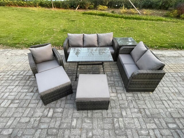 Rackhams 7-Piece Outdoor Lounge Sofa Set - Dark Grey Mixed Wicker PE Rattan Garden Furniture with Rectangular Dining Table & Armchair - image 1
