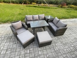 Rackhams 7-Piece Outdoor Lounge Sofa Set - Dark Grey Mixed Wicker PE Rattan Garden Furniture with Rectangular Dining Table & Armchair - thumbnail 2