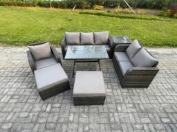 Rackhams 7-Piece Outdoor Lounge Sofa Set - Dark Grey Mixed Wicker PE Rattan Garden Furniture with Rectangular Dining Table & Armchair