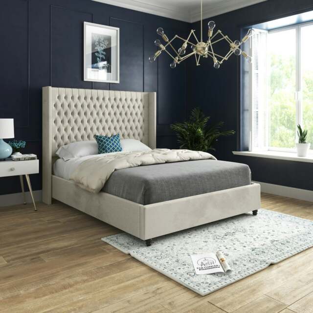 Rackhams Volta Straight Winged Upholstered Soft Velvet Bed Frame - Cream - Silver - Small single - image 1