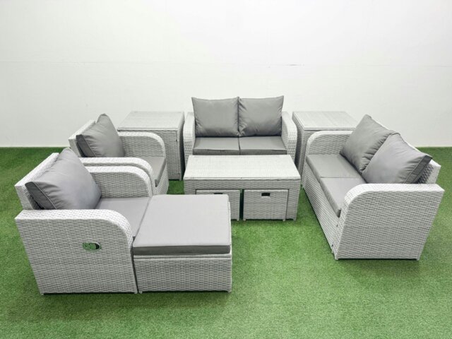 Rackhams 9 Seater Outdoor Reclining Chair Love Sofa Set Rattan Garden Furniture Set with Oblong Coffee Table 3 Stools 2 Side Table Light Grey - image 1
