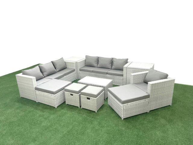 Rackhams 10 Pieces Rattan Garden Furniture Set Outdoor Garden Sofa Chair Coffee Table Set with 2 Side Tables 4 Footstools Light Grey Mixed - image 1