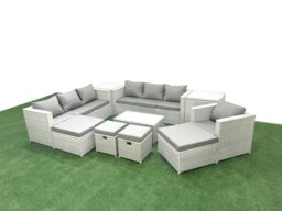Rackhams 10 Pieces Rattan Garden Furniture Set Outdoor Garden Sofa Chair Coffee Table Set with 2 Side Tables 4 Footstools Light Grey Mixed - thumbnail 1