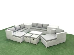 Rackhams 10 Pieces Rattan Garden Furniture Set Outdoor Garden Sofa Chair Coffee Table Set with 2 Side Tables 4 Footstools Light Grey Mixed - thumbnail 2