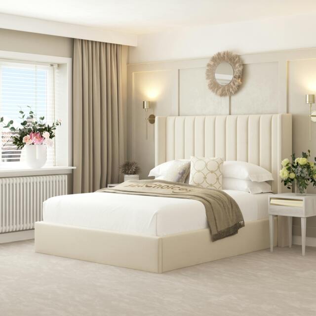 "Rackhams Madison Bed Frame with 54"" Headboard, Chelsea Mattress & Ottoman Storage - Double - Cream" - image 1