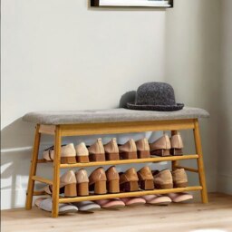 Rackhams 2 Tier Shoe Bench Rack With Cushioned Seat Natural Brown - thumbnail 4