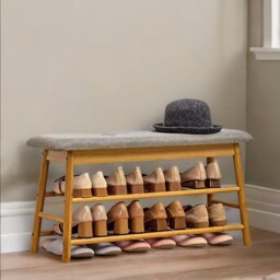 Rackhams 2 Tier Shoe Bench Rack With Cushioned Seat Natural Brown