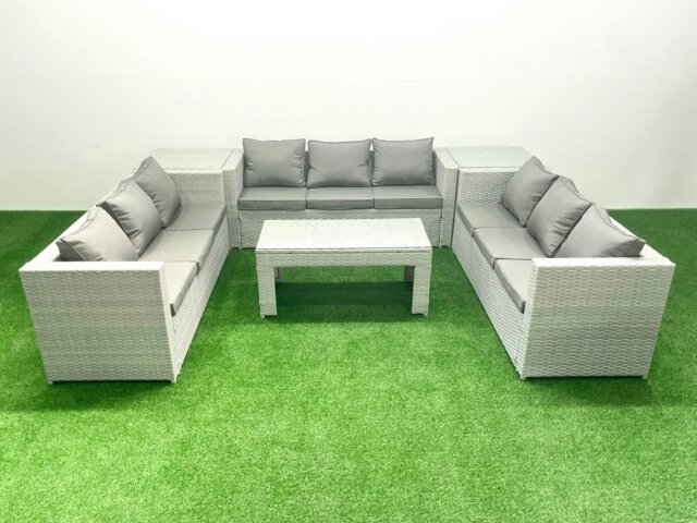 Rackhams Rattan Garden Outdoor Furniture Set 9 Seater Garden Sofa Oblong Coffee Table Set with 2 Side Tables Light Grey Mixed - image 1