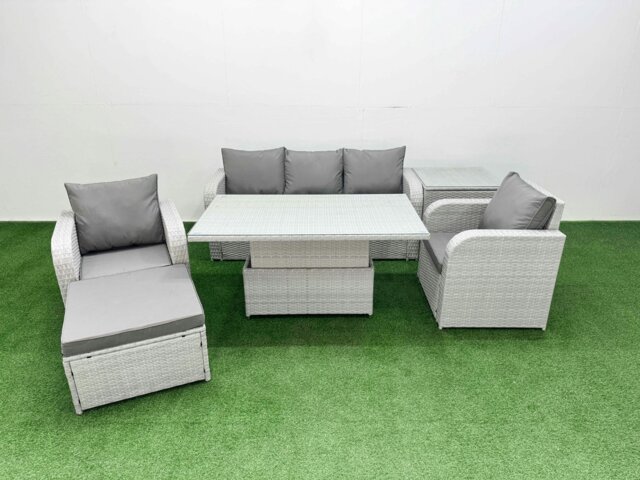 Rackhams Light Grey PE Rattan Outdoor Lounge Set - Reclining Chair, Adjustable Lifting Dining/Coffee Table, Side Table & Big Footstool - image 1