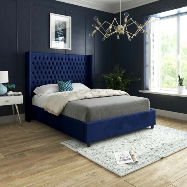Rackhams Venice Glitter Border Upholstered Soft Velvet Bed Frame - Black - Blue - Small single - image 1