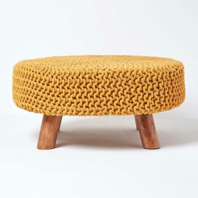Rackhams Large Round Cotton Knitted Footstool on Legs - Mustard - image 1