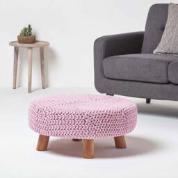 Rackhams Large Round Cotton Knitted Footstool on Legs - Mustard - thumbnail 3