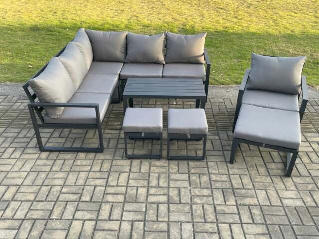 Rackhams Aluminium Outdoor Garden Furniture Set Lounge Sofa Oblong Coffee Table Sets with Chair 3 Footstools Indoor Conservatory Set Dark Grey